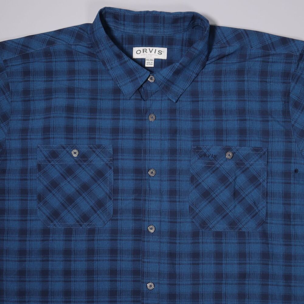 Orvis Tech Short Sleeve Hiking Shirt Blue Plaid Lightweight Mens XXL 2XL